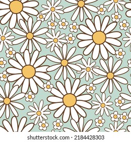 Seamless pattern retro 1970s hippie. Background with colorful flower chamomile in vintage style. Illustration with positive symbols for wallpaper, fabric, textiles. Vector