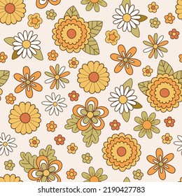 Nahtlose Muster Retro Hippie aus den 70er Jahren. Hintergrund mit Blume im Vintage-Stil. Illustration mit positiven Symbolen für Tapete, Stoff, Textilien. Vektorgrafik