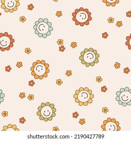 Seamless pattern retro 1970s hippie. Psychedelic groove elements. Background with flower and smiley face in vintage style. Illustration with positive symbols for wallpaper, fabric, textiles. Vector