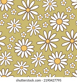 Seamless pattern retro 1970s hippie. Background with colorful flower chamomile in vintage style. Illustration with positive symbols for wallpaper, fabric, textiles. Vector