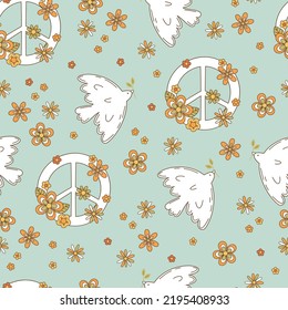 Seamless pattern retro 1970s hippie. Psychedelic groove elements. Background with pacific and dove in vintage style. Illustration with positive symbols for wallpaper, fabric, textiles. Vector