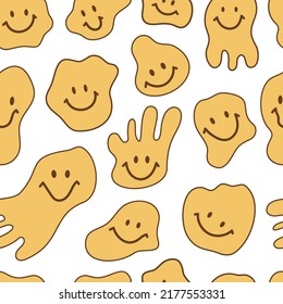 Seamless pattern retro 1970s smiley face. Background with positive and psychedelic symbol for wallpaper, fabric, textiles. Illustrations yellow smiling badge in vintage style. Vector