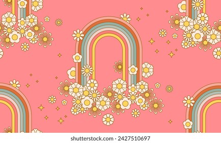 Seamless pattern with Retro 70s 60s Hippie Groovy Flower Rainbow Floral Daisy. Grow positive thoughts Good vibes. Boho Summer Flower Power Flower Child surface design
