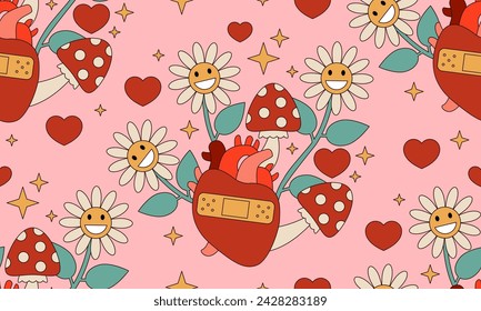 Seamless pattern with Retro 70s 60s Hippie Groovy Flower, mushroom, heart, Medical patch. Grow positive thoughts Good vibes. Boho Summer Flower Power Flower Child surface design