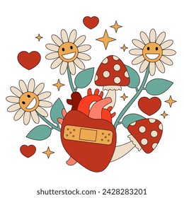 Seamless pattern with Retro 70s 60s Hippie Groovy Flower, mushroom, heart, Medical patch. Grow positive thoughts Good vibes. Boho Summer Flower Power Flower Child surface design