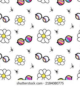 Seamless pattern with retro 70s groovy elements, simple funky hippy symbols. Colored daisy flowers, mushrooms, vibe, stars, sunglasses.