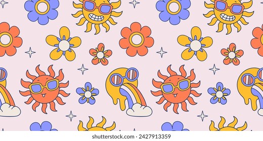 Seamless pattern with retro 70s groovy elements, simple funky hippy symbols. Colored daisy flowers. stars, sun and emoji in sunglasses. Contour linear vector illustration.