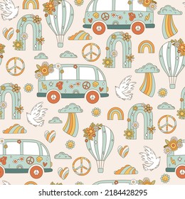 Seamless pattern retro 70s hippie. Psychedelic groove element. Background with rainbow, air balloon and bus in vintage style. Illustration with positive symbols for wallpaper, fabric, textiles. Vector