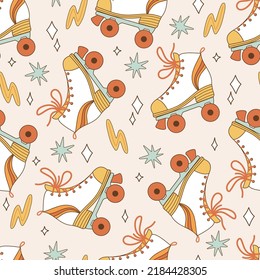 Seamless pattern retro 70s hippie. Psychedelic groove elements. Background with roller skates in vintage style. Illustration with positive symbols for wallpaper, fabric, textiles. Vector