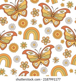 Seamless pattern retro 70s hippie. Psychedelic groove elements. Background with rainbow and butterfly in vintage style. Illustration with positive symbols for wallpaper, fabric, textiles. Vector