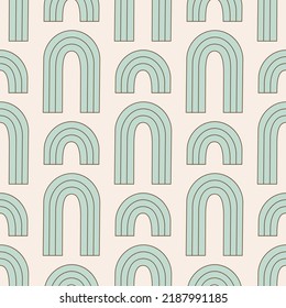 Seamless pattern retro 70s hippie. Minimalistic background with rainbow in vintage style. Illustration with positive symbols for wallpaper, fabric, textiles. Vector