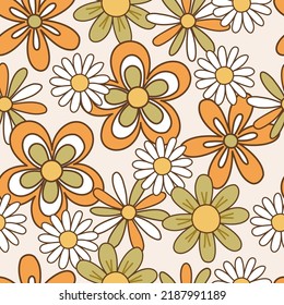 Seamless pattern retro 70s hippie. Background with cute flower in vintage style. Illustration with positive symbols for wallpaper, fabric, textiles. Vector