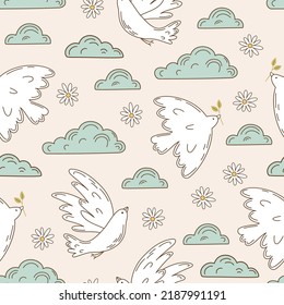 Seamless pattern retro 70s hippie. Background with peace dove and cloud in vintage style. Illustration with positive symbols for wallpaper, fabric, textiles. Vector