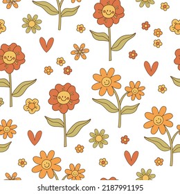 Seamless pattern retro 70s hippie. Psychedelic groove elements. Background with flower and smiling face vintage style. Illustration with positive symbols for wallpaper, fabric, textiles. Vector