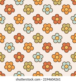 Seamless pattern retro 70s hippie. Minimalistic background with colorful flower in vintage style. Illustration with positive symbols for wallpaper, fabric, textiles. Vector