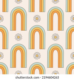 Seamless pattern retro 70s hippie. Minimalistic background with colorful flower and rainbow in vintage style. Illustration with positive symbols for wallpaper, fabric, textiles. Vector