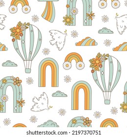 Seamless pattern retro 70s hippie. Psychedelic groove elements. Background with rainbow and dove in vintage style. Illustration with positive symbols for wallpaper, fabric, textiles. Vector