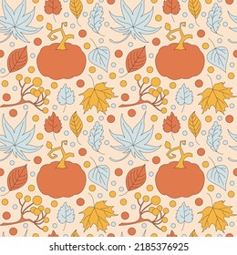 Seamless pattern with retro 70s style autumn elements with pumpkin and leaves. Happy Thanksgiving day. Autumn simple minimalist background with leaf. 1970 good vibes. Vector illustration.