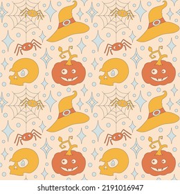 Seamless pattern with retro 70s style Halloween elements. Skull, hat, spider and pumpkin. Autumn simple minimalist background with sparkles. 1970 good vibes. Vector illustration. 