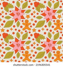 Seamless pattern with retro 70s style Christmas elements with poinsettia and leaves. Merry Christmas holiday. Winter simple minimalist background with berries. 1970 good vibes. Vector illustration.