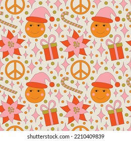 Seamless pattern with retro 70s style Christmas elements with poinsettia flower. Merry Christmas holiday. Winter simple minimalist background with peace symbol. 1970 good vibes. Vector illustration.