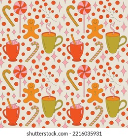 Seamless pattern with retro 70s style Christmas elements with drinks and a cookie. Merry Christmas holiday. Winter simple minimalist background with peace symbol. 1970 good vibes. 