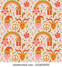 Seamless pattern with retro 70s style Christmas elements with poinsettia flower and a rainbow. Merry Christmas holiday. Winter simple minimalist background with peace symbol. 1970 good vibes. 