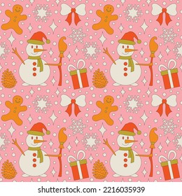 Seamless pattern with retro 70s style Christmas elements with snowman and a cookie. Merry Christmas holiday. Winter simple minimalist background with peace symbol. 1970 good vibes. 