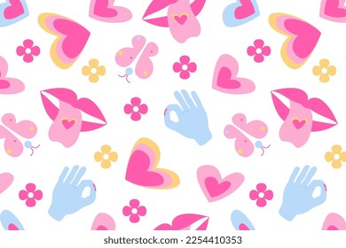 Patrón sin fisuras en el estilo retro de los años 70, flores, mariposas, corazones, labios, lengua, mano, gesto