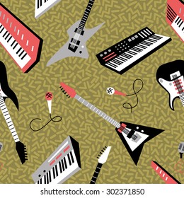 Seamless pattern with retro 80s musical instruments 1