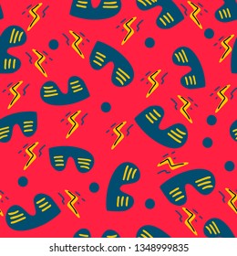 Seamless pattern with retro 80s sunglasses and lightning bolt on pink backround. Vector illustration in trendy style. 