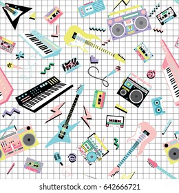 Seamless pattern with retro 80s-90s musical instruments and cassette players