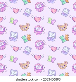 Seamless pattern with retro 90s girl toys, game console and cute bears. Background repeating pattern. Vector illustration EPS 10