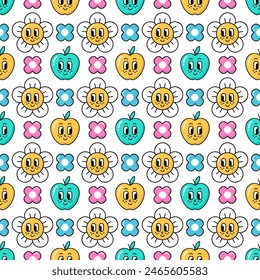 Seamless pattern of retro 90s groovy style elements. Daisy flowers, apple fruits with eyes and smiles background. EPS 10 vector illustration.
