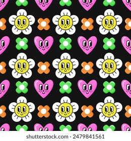Seamless pattern of retro 90s groovy style elements. Daisy flowers, hearts with eyes and smiles background. EPS 10 vector illustration.