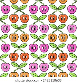 Seamless pattern of retro 90s groovy style elements. Cherry berries with leaves, eyes and smiles background. EPS 10 vector illustration.