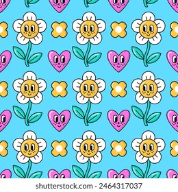 Seamless pattern of retro 90s style elements. Daisy flowers, hearts with eyes and smiles background. EPS 10 vector illustration.