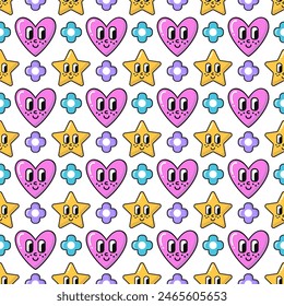 Seamless pattern of retro 90s style elements. Stars, flowers, hearts with eyes and smiles background. EPS 10 vector illustration.