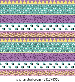 Seamless pattern in retro 90s style with stripes of funny doodles 2