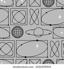 Patrón sin fisuras con formas geométricas abstractas retro y elementos cyberpunk. Fondo del vector en la estética retro de la computadora