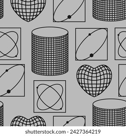 Seamless pattern with retro abstract geometric forms and cyberpunk elements. Vector background in retro computer aesthetic