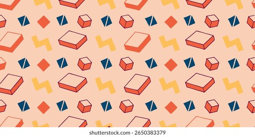 A seamless pattern with a retro aesthetic, showcasing a repeating arrangement of orange cubes, blue triangles, red diamonds, and yellow lightning bolts on a light peach background.