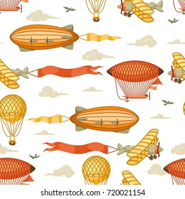 Seamless pattern with retro air transport. Vintage aerostat airship, blimp and plain in cloudy sky.