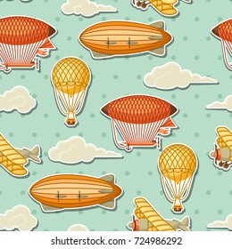 Seamless pattern with retro air transport. Vintage aerostat airship, blimp and plain in cloudy sky.