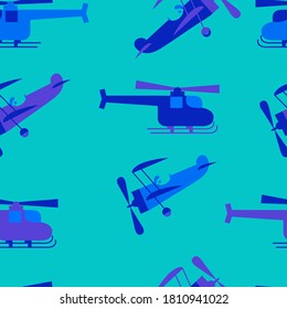 Seamless pattern with retro airplane and helicopter on blue background. For decorating textiles, packaging and wallpaper. Vector illustration.