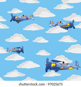 seamless pattern as retro airplanes flying in the cloudy sky