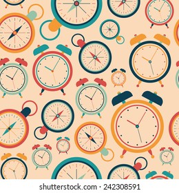 Seamless pattern with retro alarm clocks and pocket watches.