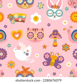 seamless pattern with retro animals and flowers