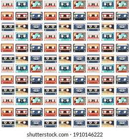 Seamless pattern of retro audio cassettes with different colorful patterns vector illustration on white background