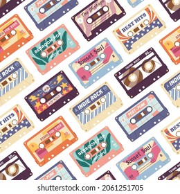 Seamless pattern with retro audio cassettes. Background with old stereo tapes with pop music records of 80s. Colorful texture design with magnetic casettes print. Colored flat vector illustration